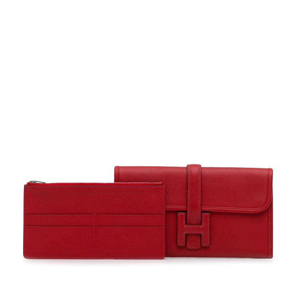 Pre-Owned Authenticated Hermès Sizewift Jige Duo Wallet Calf Leather Red Long Wallets Unisex (Good)