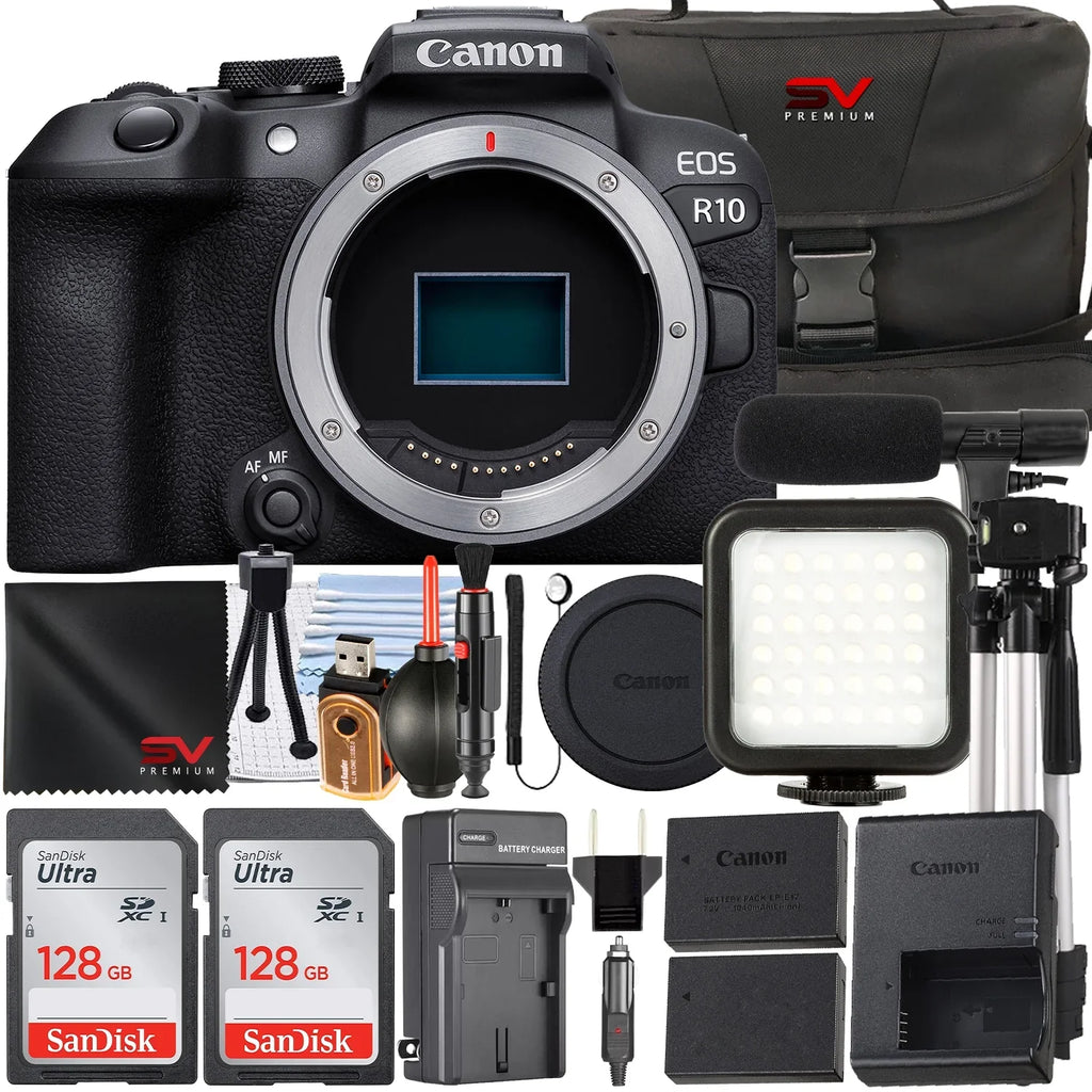 Canon EOSize R10 Mirrorless Camera (Body Only) with 2 Pack SizeanDisk 128GB Memory Card + Case + LED Flash + SizeV Premium Accessory Bundle