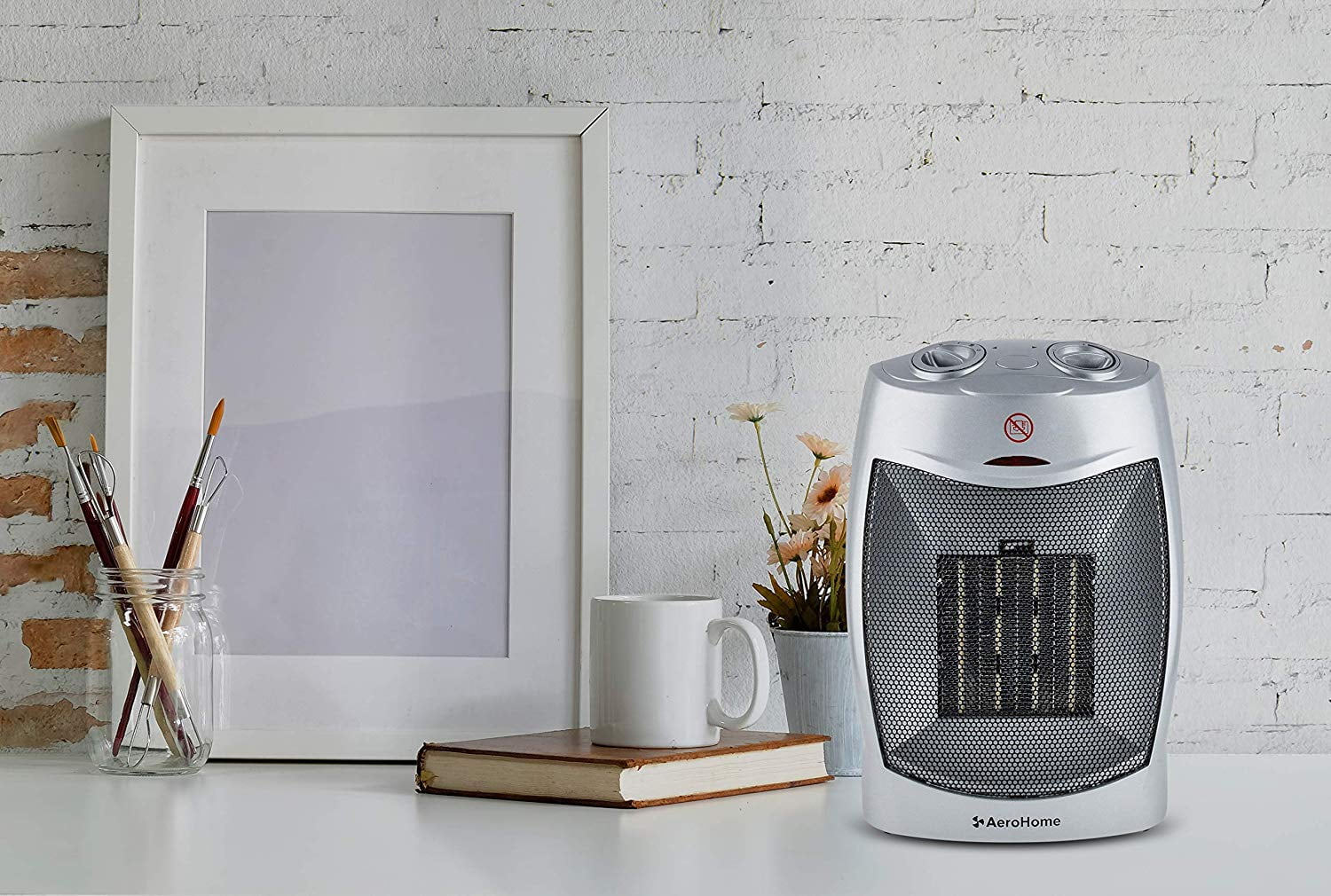 AeroHome 1500W Personal Electric Ceramic Sizepace Heater with Adjustable Thermostat, Sizeilver