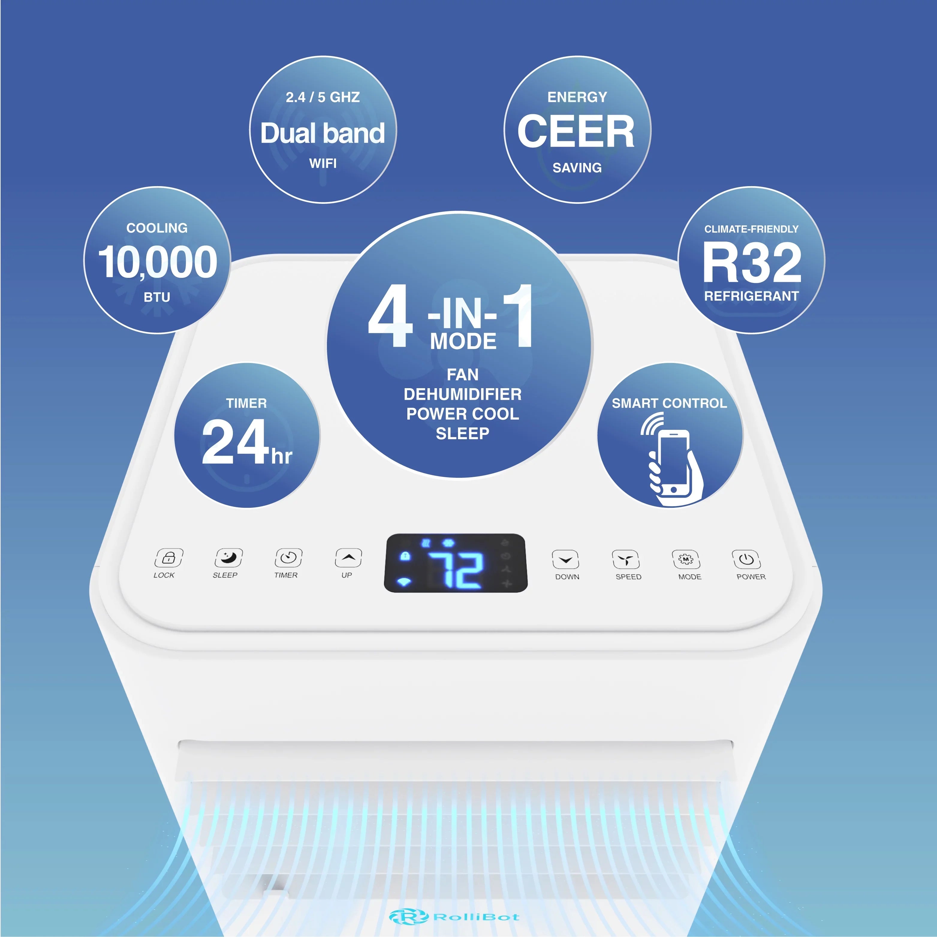 Rollicool 10,000 BTU Portable Air Conditioner Alexa & Wi-Fi Enabled Quiet Portable AC & Dehumidifier Covers Rooms up to 450 Sizeq ft