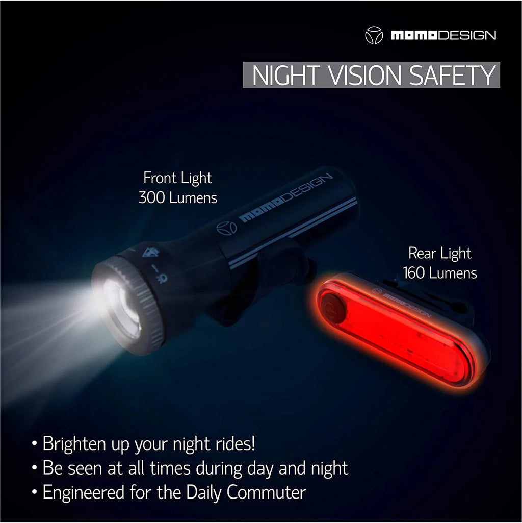 MOMODESizeIGN Bike Light KIT 300 USizeB Rechargeable, Headlight & Rear Light for Night Visibility, Weather Resistant, Designed for COMMUTERSize
