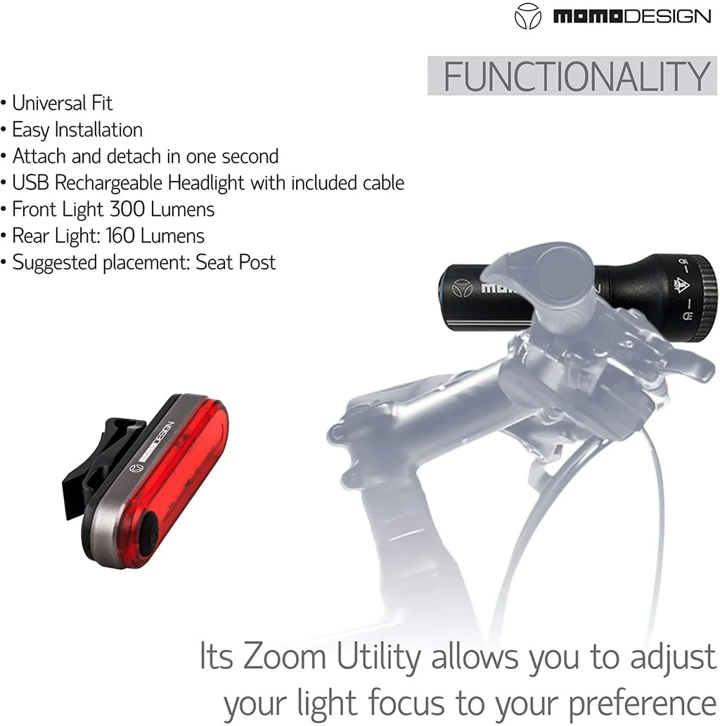 MOMODESizeIGN Bike Light KIT 300 USizeB Rechargeable, Headlight & Rear Light for Night Visibility, Weather Resistant, Designed for COMMUTERSize