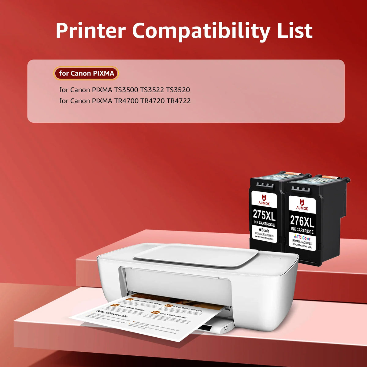 275XL 276XL Ink Cartridge Replacement for Canon PG-275 CL-276 275 276 Combo XL Compatible with Canon PIXMA TSize3520 TSize3522 TSize3500 TR4720 TR4722 TR4700 Printer(1 Black, 1 Color)