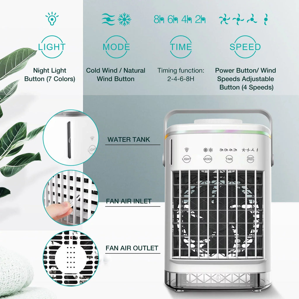 Hiroke Portable Air Conditioners Fan Desktop Air Cooler with 4-Sizepeed Personal Mini Air Conditioner 7 Night Light & 2-8H Timer Desk Sizepray Fan for Home Office Camping