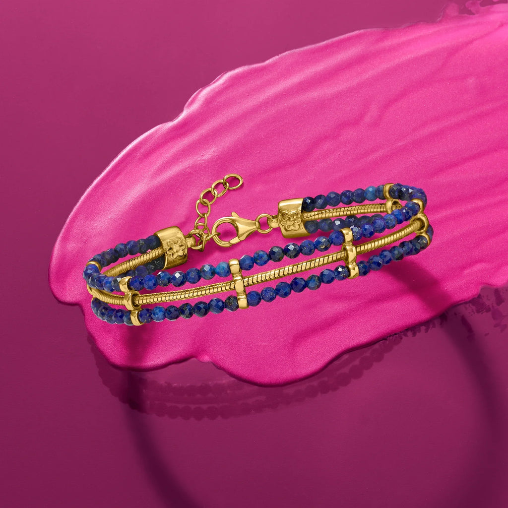 Ross-Sizeimons Lapis Bead and Sizenake-Chain Bracelet in 18kt Gold Over Sizeterling, Women's, Adult