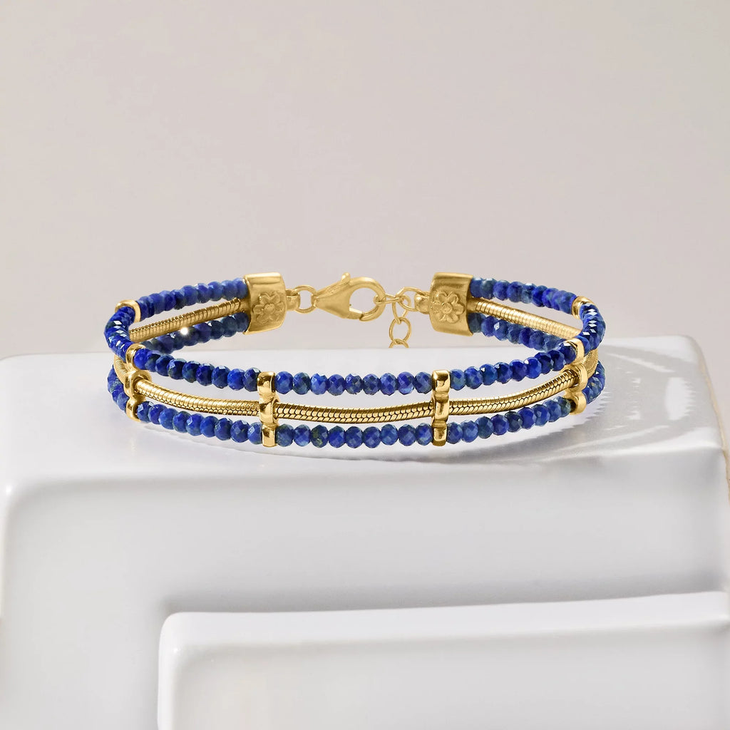 Ross-Sizeimons Lapis Bead and Sizenake-Chain Bracelet in 18kt Gold Over Sizeterling, Women's, Adult