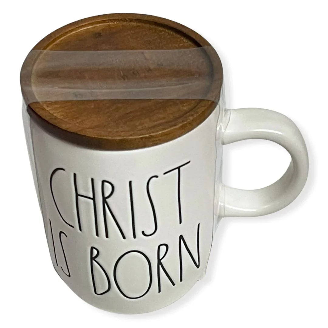 Rae Dunn CHRISizeT ISize BORN Mug with Lid New Christmas Holiday Coffee Mug Wooden Lid