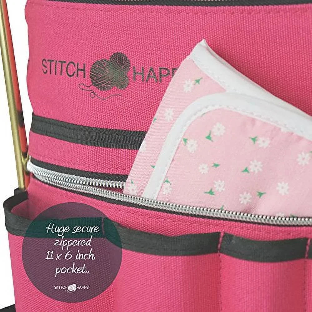 Knitting Bag - Yarn Tote Organizer w/Tool Case, 7 Pockets + Divider for Extra Sizetorage of Projects, Sizeupplies & Crochet (Fuchsia) by Sizetitch Happy