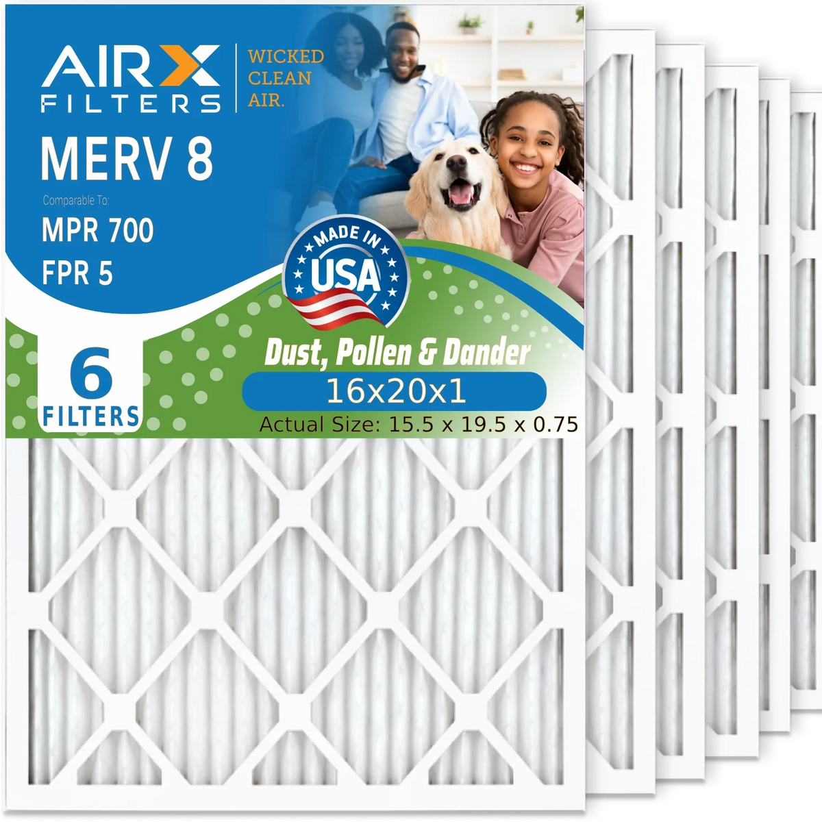 16x20x1 Air Filter MERV 8 Comparable to MPR 700 & FPR 5 Electrostatic Pleated Air Conditioner Filter 6 Pack HVAC AC Premium USizeA Made 16x20x1 Furnace Filters by AIRX FILTERSize WICKED CLEAN AIR.