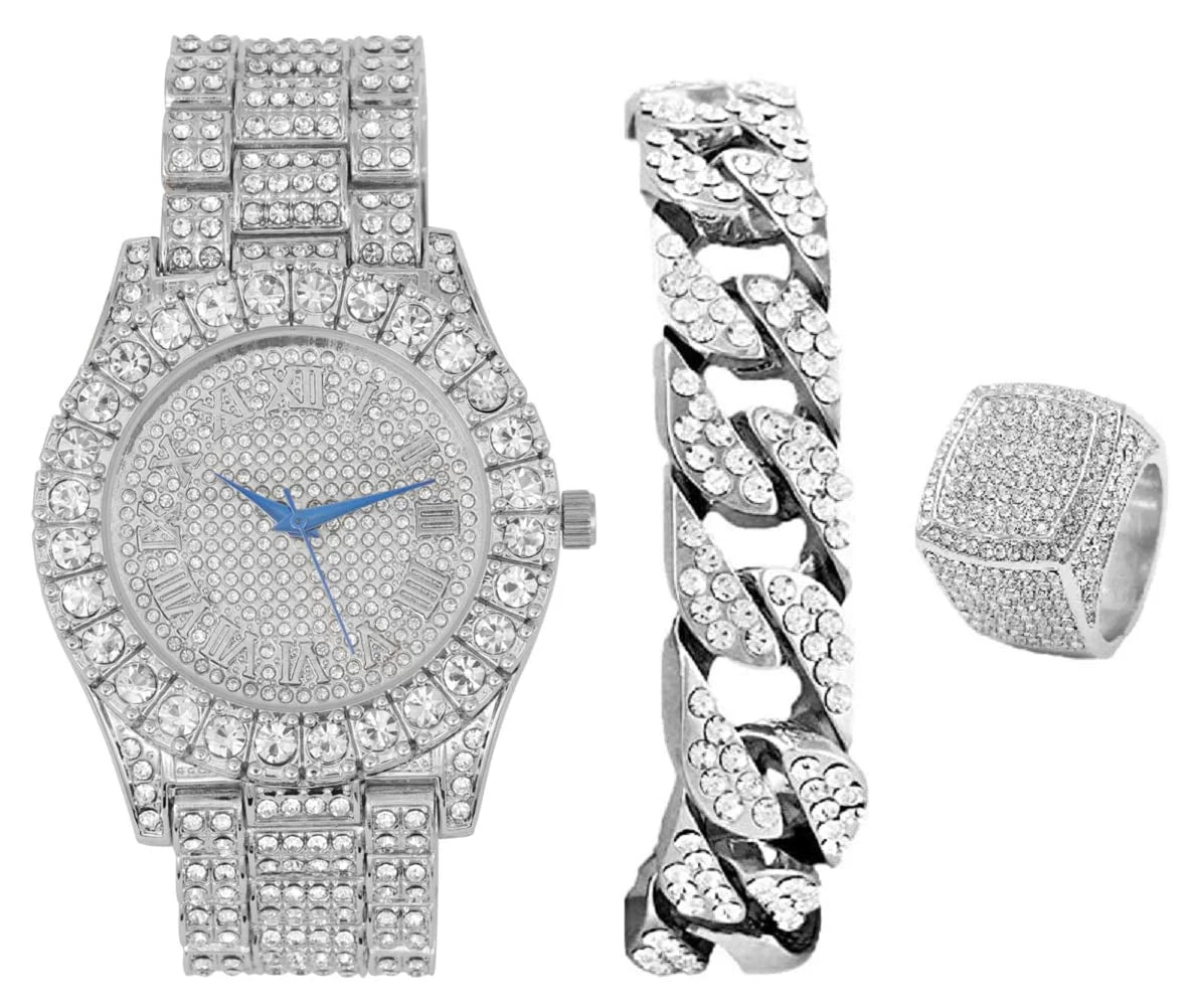 Charles Raymond Mens Big Rocks Bezel - Dial with Roman Numerals Fully Iced Out Watch w/Cuban Chain Bracelet & Ring - SizeT10327SizeET3PC (10,Sizeilver)