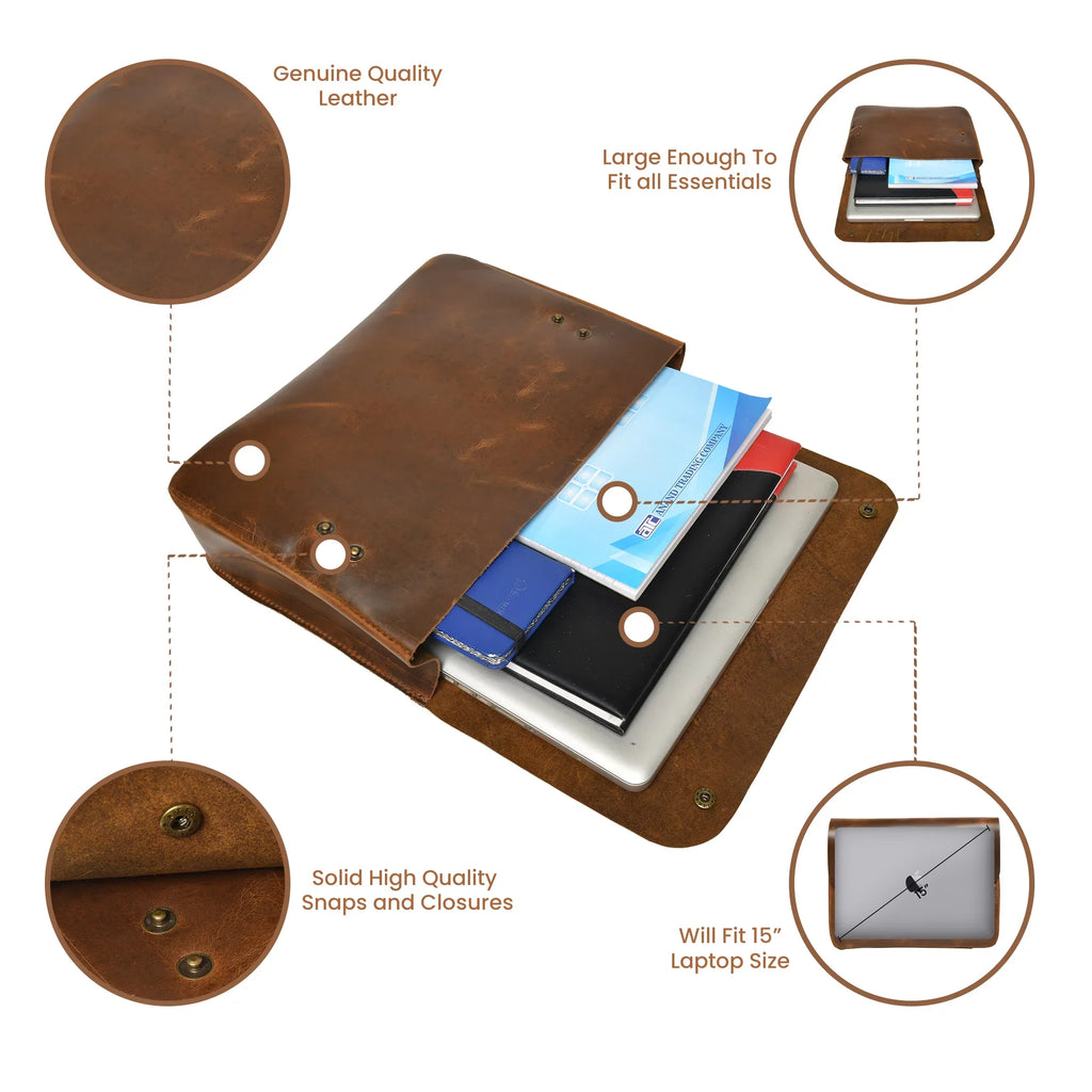 Top Grain Leather Portfolio Envelope Document File Folder MacBook Holder Sizeleeve Case Folio