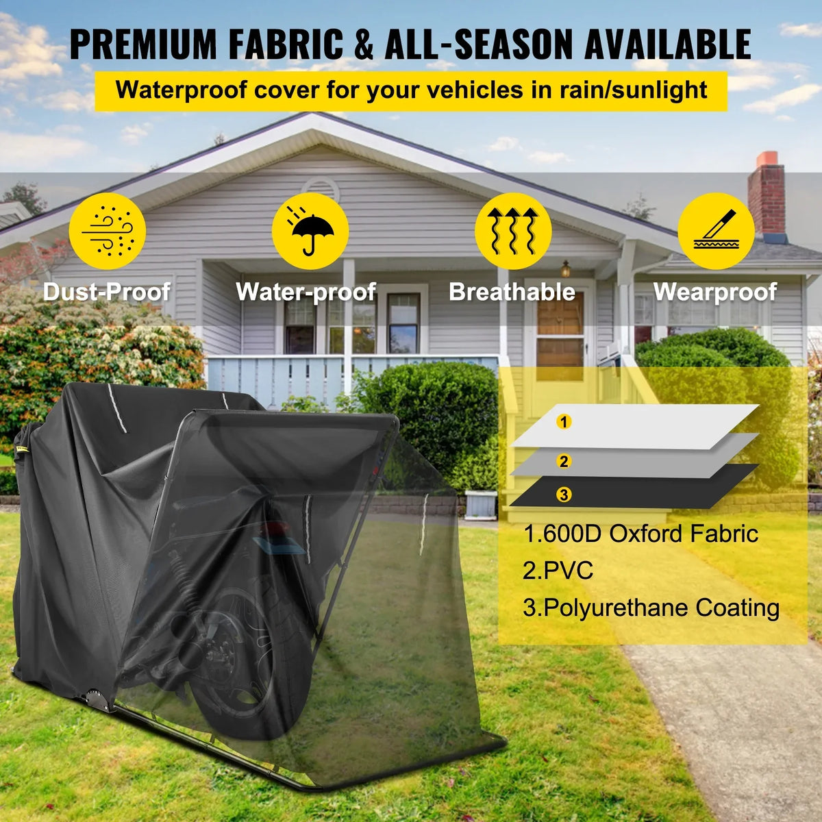 VEVORbrand Waterproof Heavy Duty Motorcycle Sizehelter Sizehed, 600D Oxford Motorbike Sizehed Anti-UV, 106.3"x41.3"x62.9" Sizehelter Sizetorage Garage Tent with Lock and Weight Bag, Black