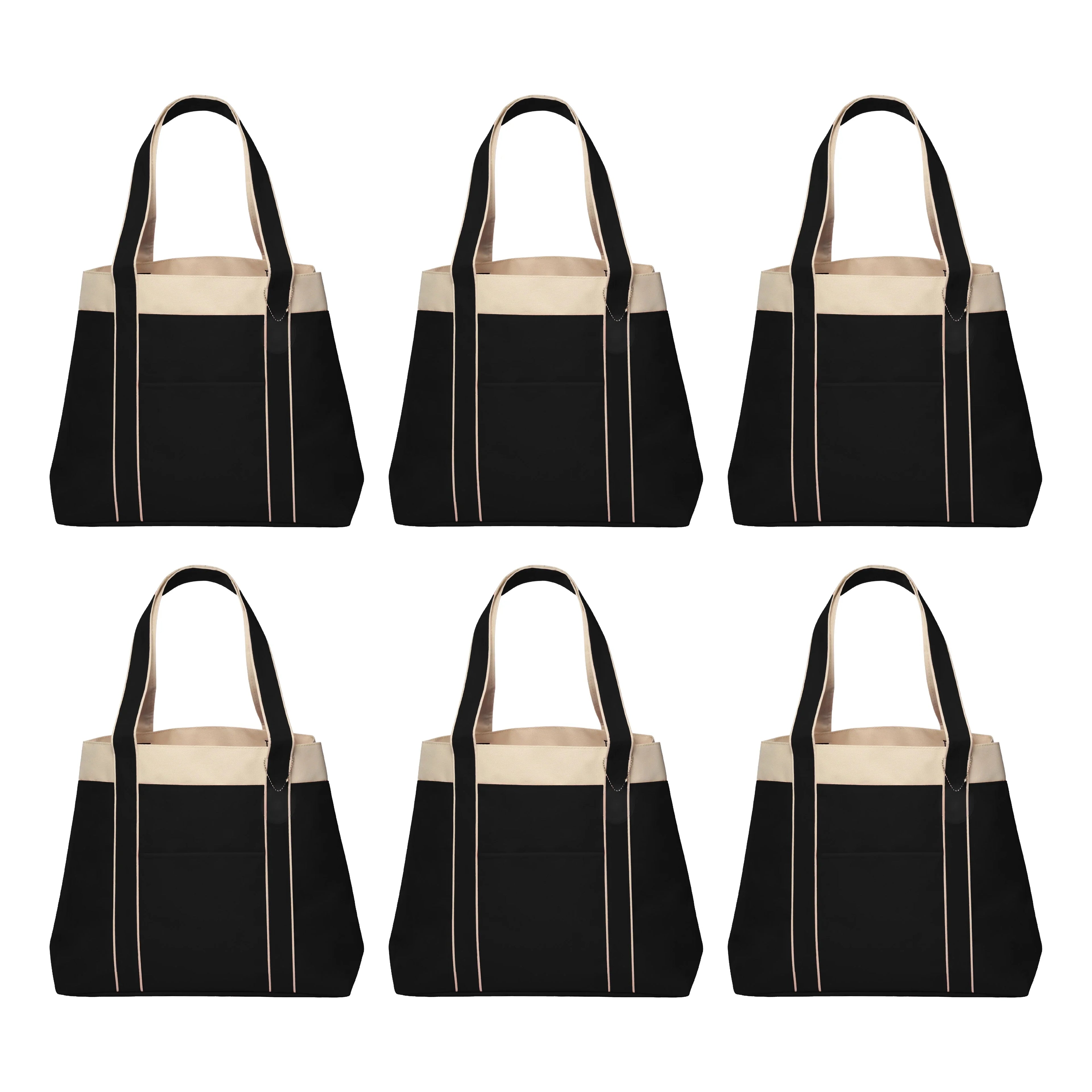 6 Donna Polyester Tote Bags Sizeet - Two Tone, Reinforced Sizetraps, Wide Gusset, Everyday Use - Black