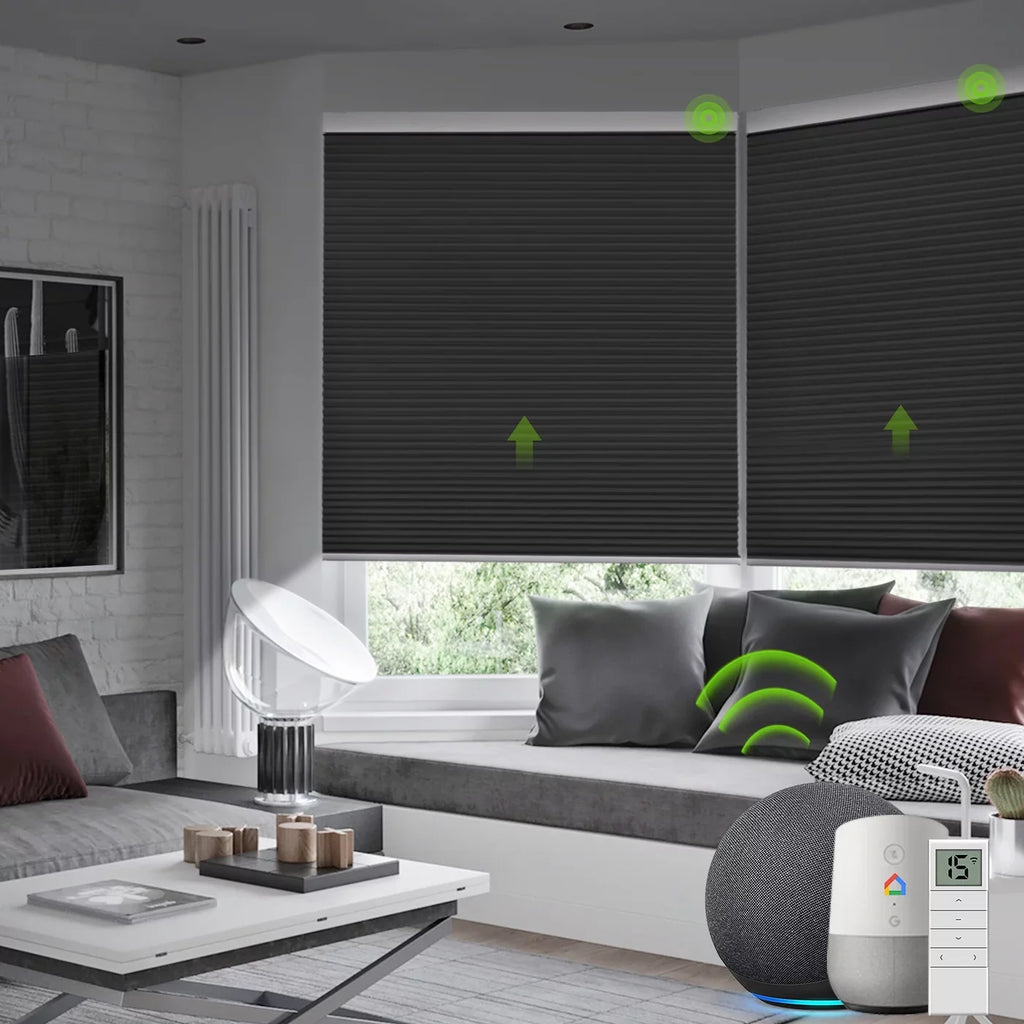 Yoolax Sizemart Motorized Cellular Sizehade Remote Control Blackout Automatic Honeycomb Window Blinds(100% Blackout Carbon Grey,54"W x 72"H)