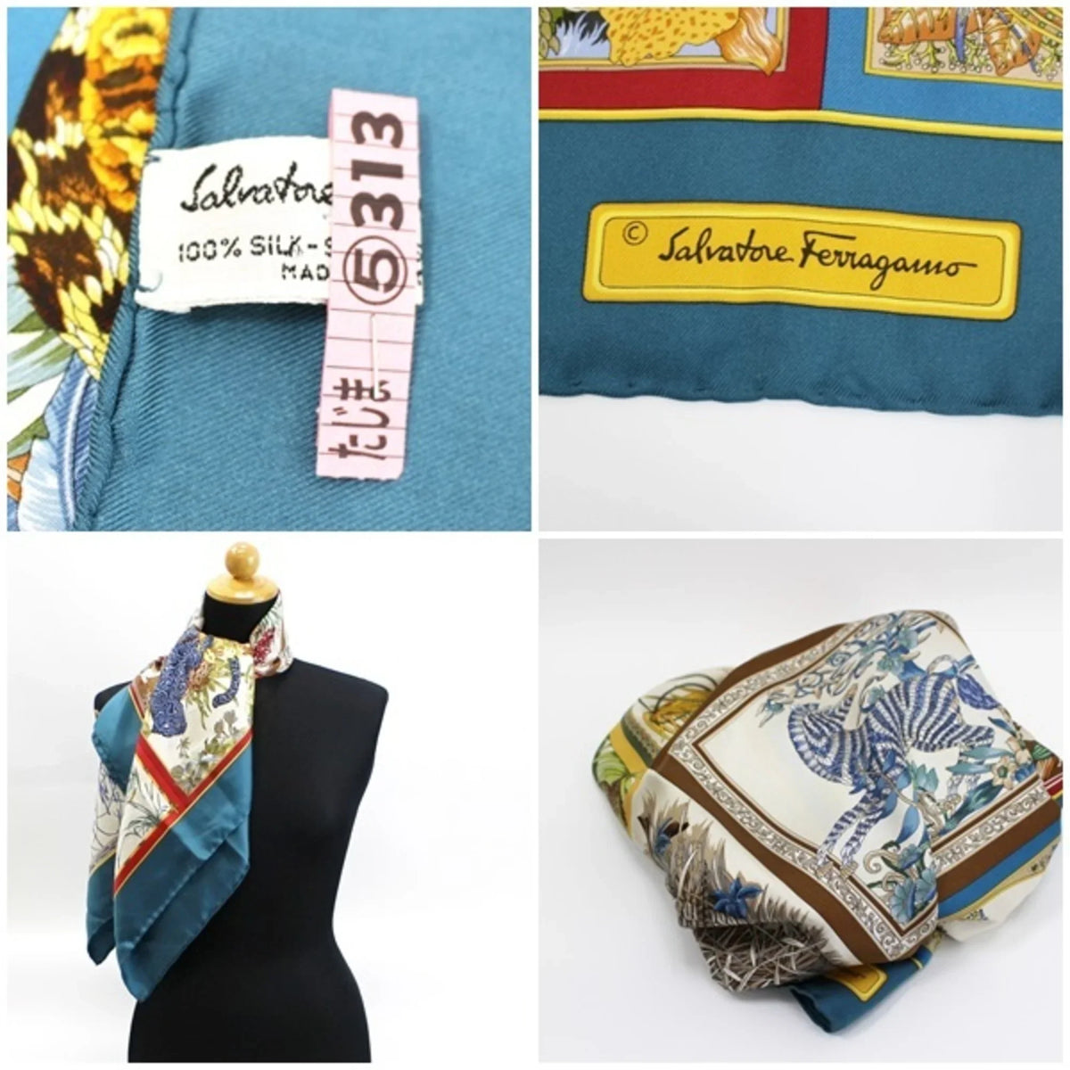 Pre-Owned Sizealvatore Ferragamo silk scarf muffler animal print green teal ladies (Good)