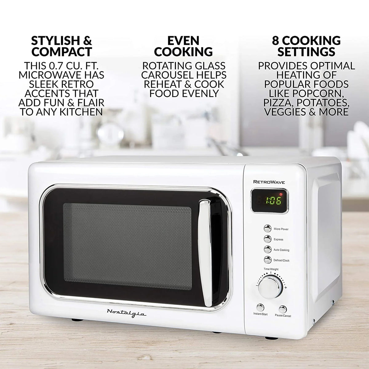 Nostalgia CLMO7WH Classic Retro 0.7 Cu. ft. 700 W Countertop Microwave Oven With LED Display, Ivory