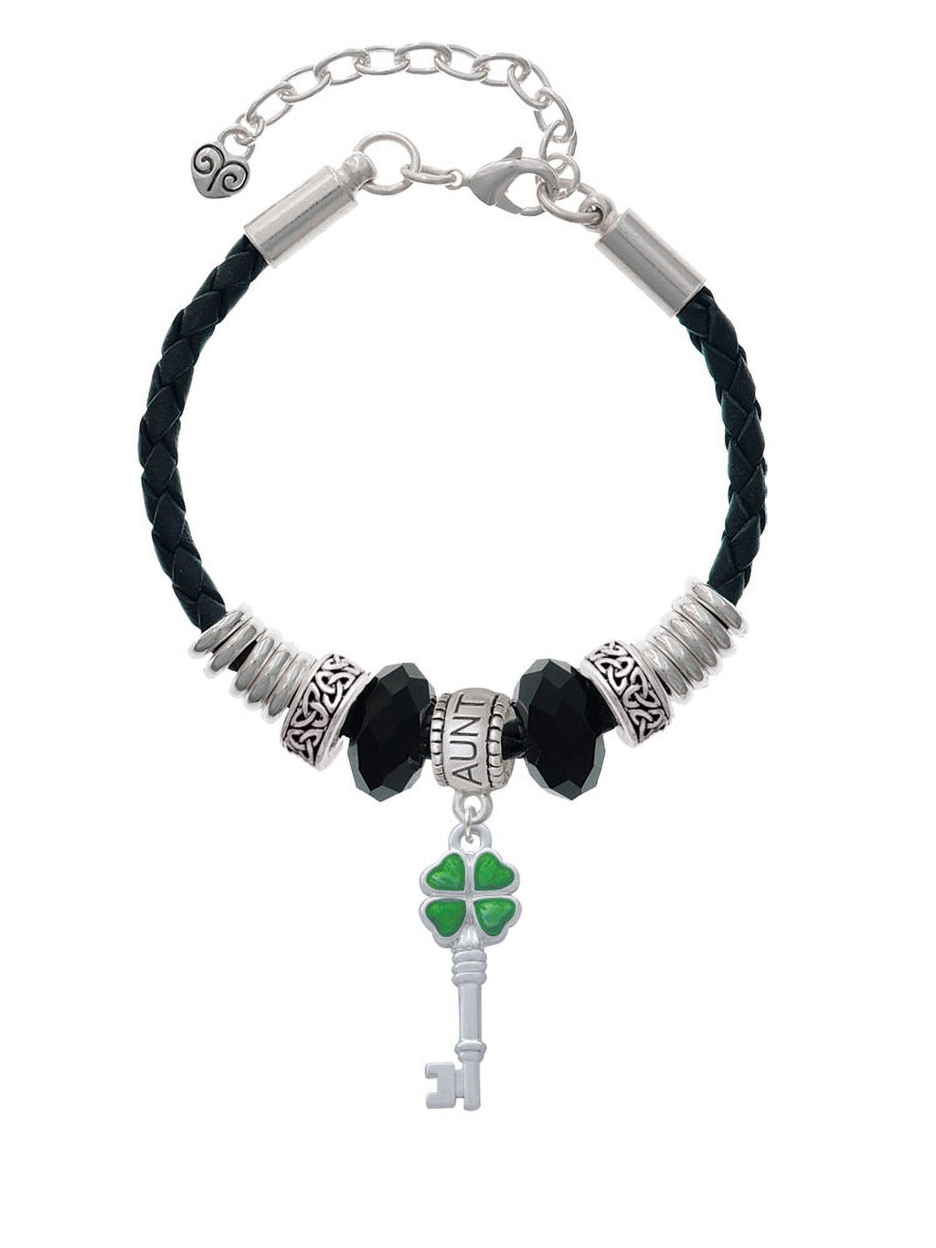 Delight Jewelry Sizeilvertone Translucent Green Lucky Four Leaf Clover Key Aunt Celtic Knot Leather Bead Bracelet, 7"+2" Extender