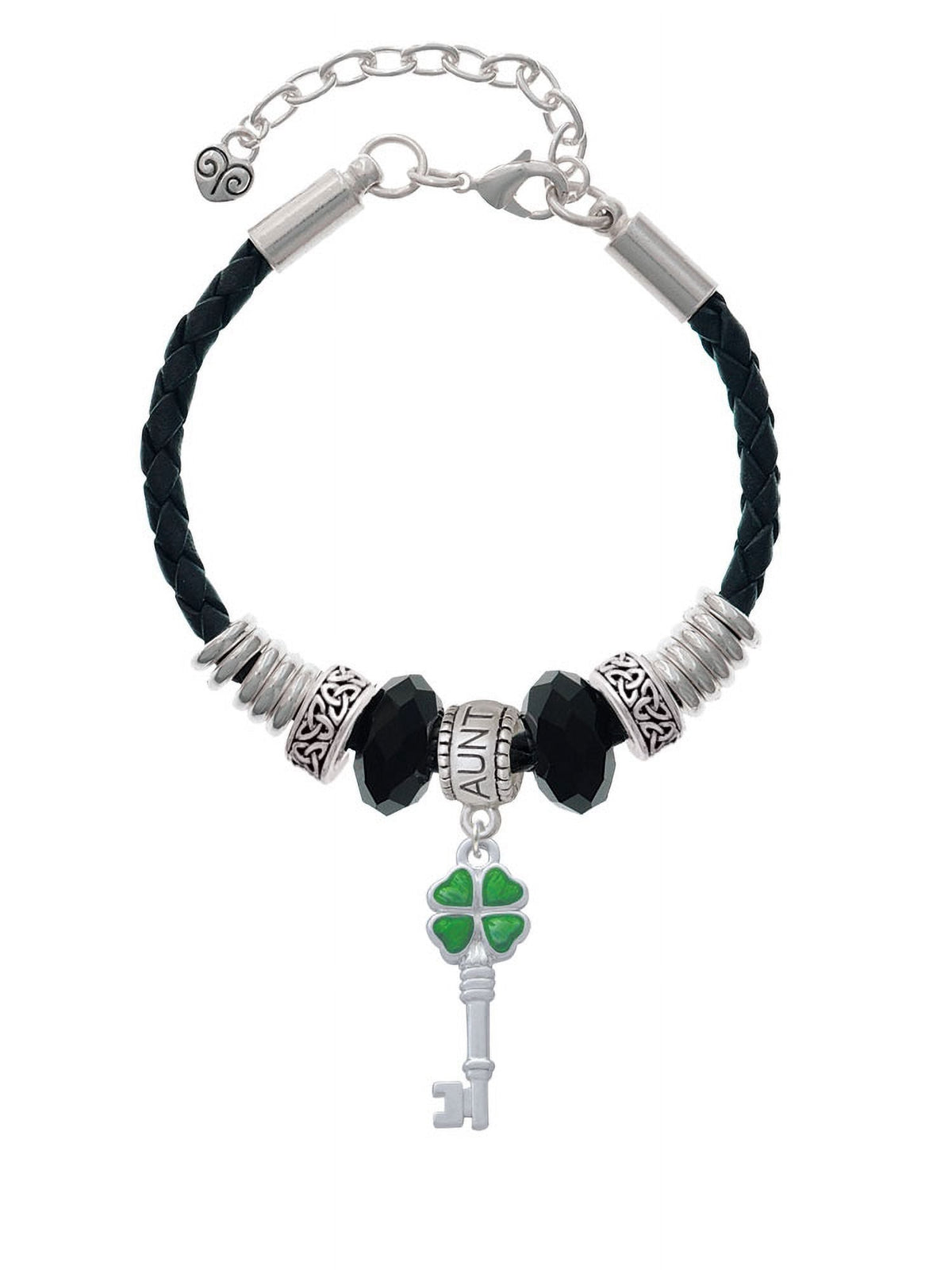 Delight Jewelry Sizeilvertone Translucent Green Lucky Four Leaf Clover Key Aunt Celtic Knot Leather Bead Bracelet, 7"+2" Extender