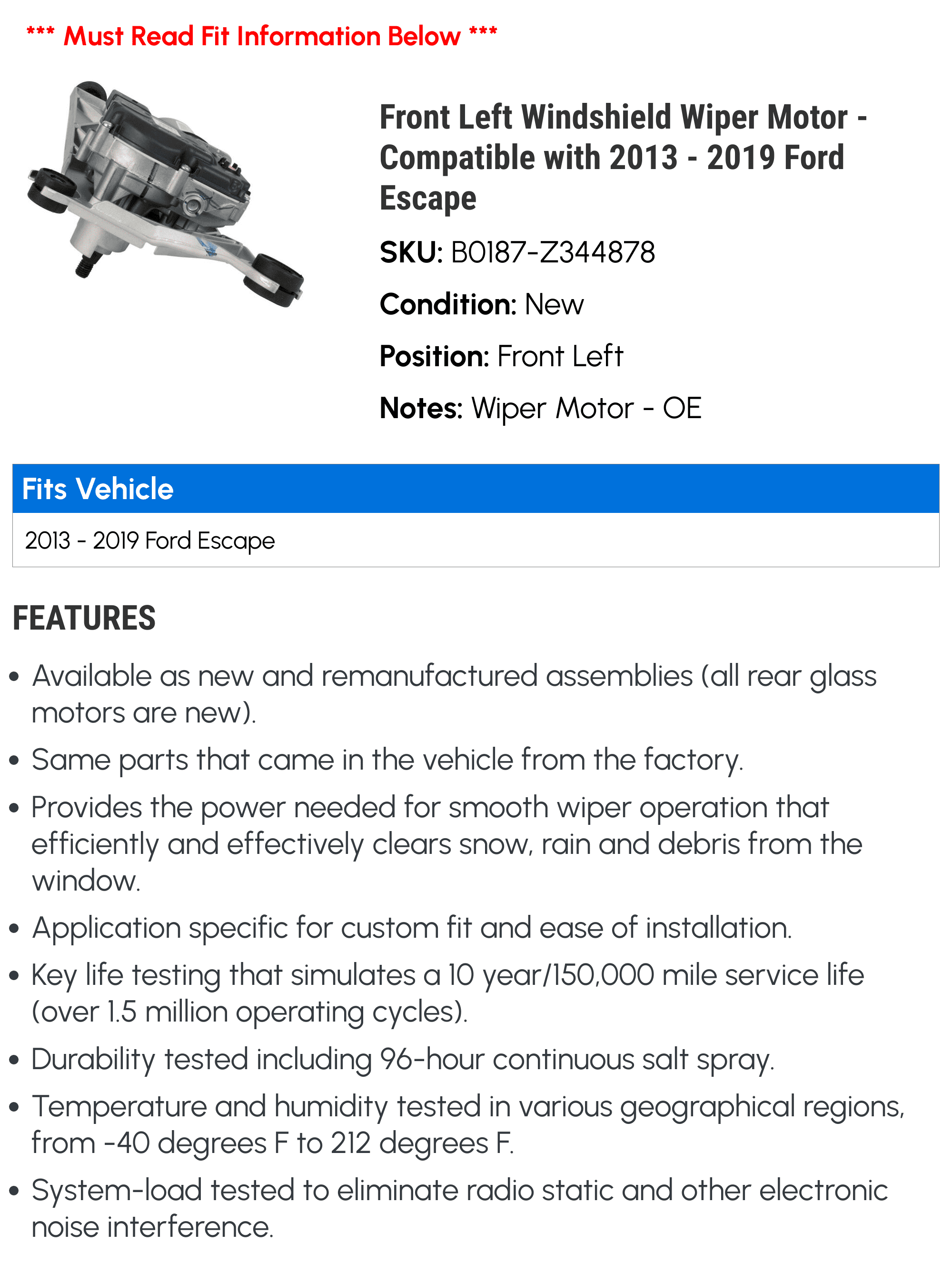 Front Left Windshield Wiper Motor - Compatible with 2013 - 2019 Ford Escape 2014 2015 2016 2017 2018