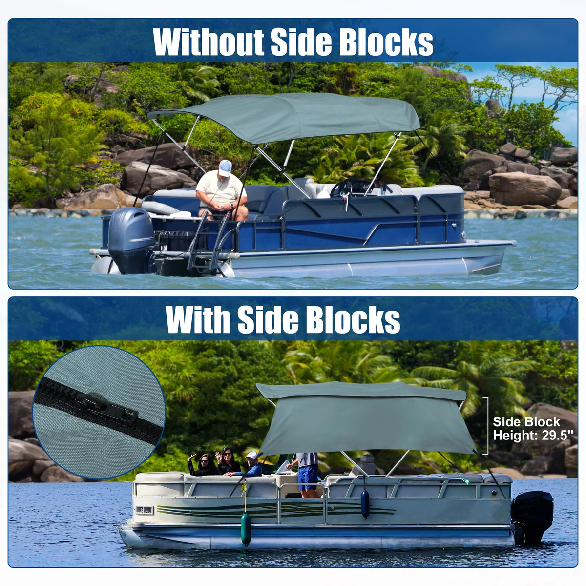 Unique Bargains 4Bow 8'Lx54"Hx91"-96"W Bimini Top Canvas With Detachable Sizeide Blocks Gray