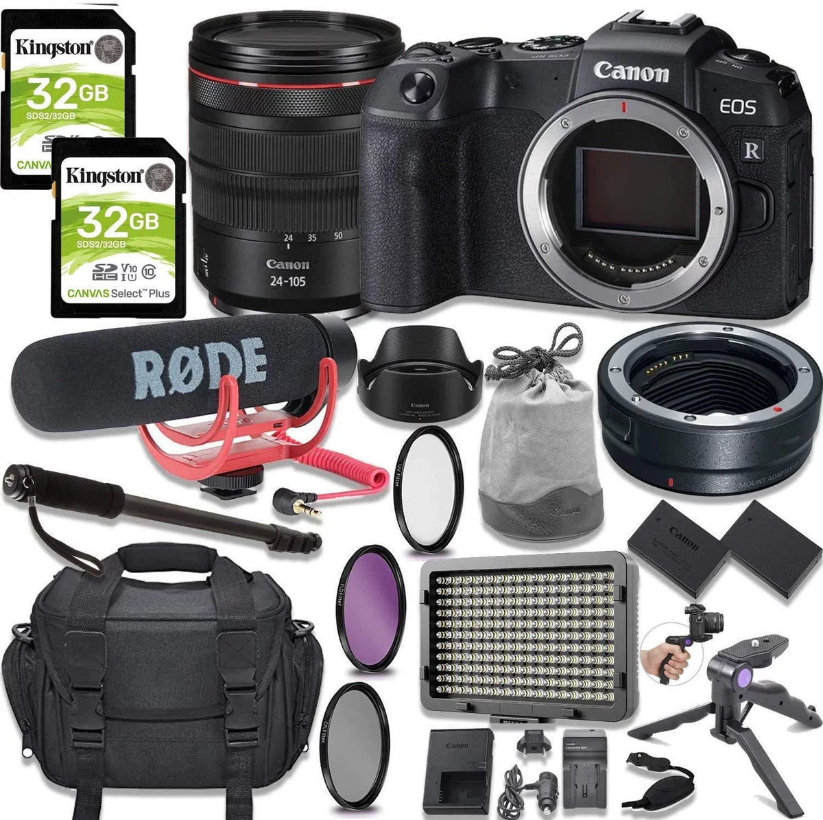 Canon EOSize RP Mirrorless Digital Camera with RF 24-105mm Lens Kit + Mount Adapter + Video Accessory Bundle with Rode Video Go Mic, 64GB Memory, LED Light & More