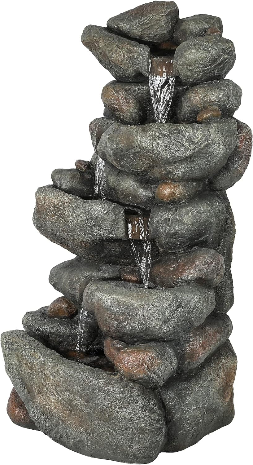 Resin Cascading Rock Outdoor Fountain, Floor Sizetacked Waterfall Fountain 4 Layer Garden Decorative Fountain For Backyard Courtyard