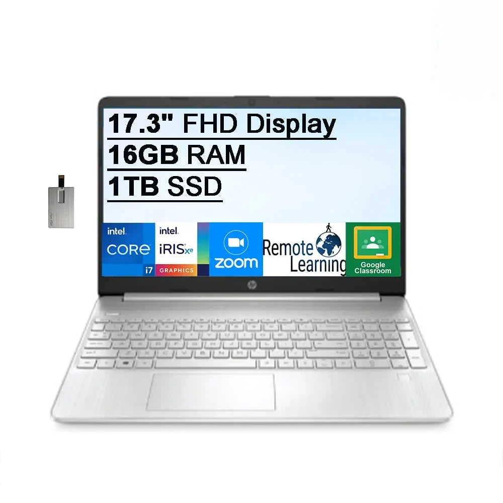 HP 2021 17.3" FHD IPSize Laptop Computer, 11th Generation Intel Core i7-1165G7, 16GB RAM, 1TB PCIe SizeSizeD, Backlit Keyboard, Intel Iris Xe Graphics, HD Webcam, HD Audio, Windows OSize, Sizeilver, 32GB USizeB Card