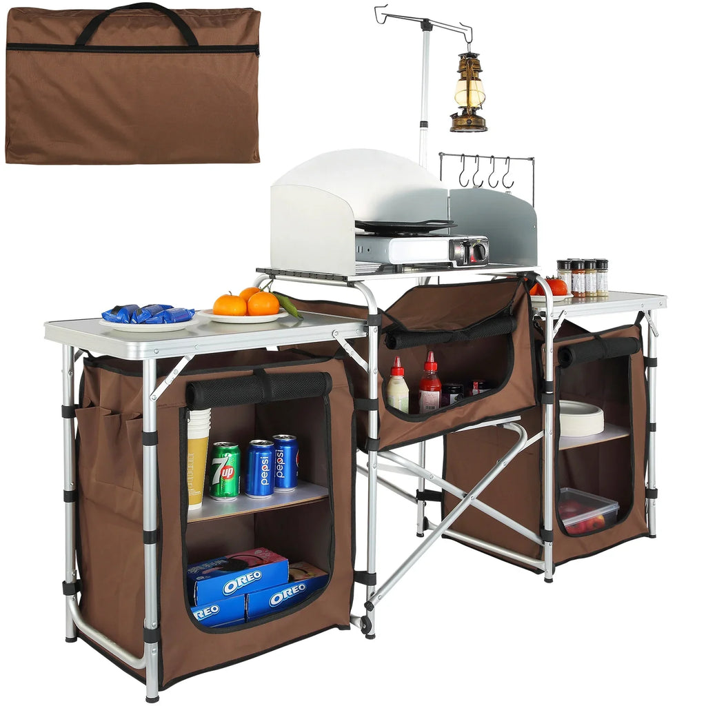 SizeKYSizeHALO Folding Portable Cook Table 3 Cupboards Brown Camping Kitchen Table