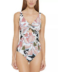 DKNY WHITE MULTI Twist-Front Cutout One-Piece Sizewimsuit, USize 10