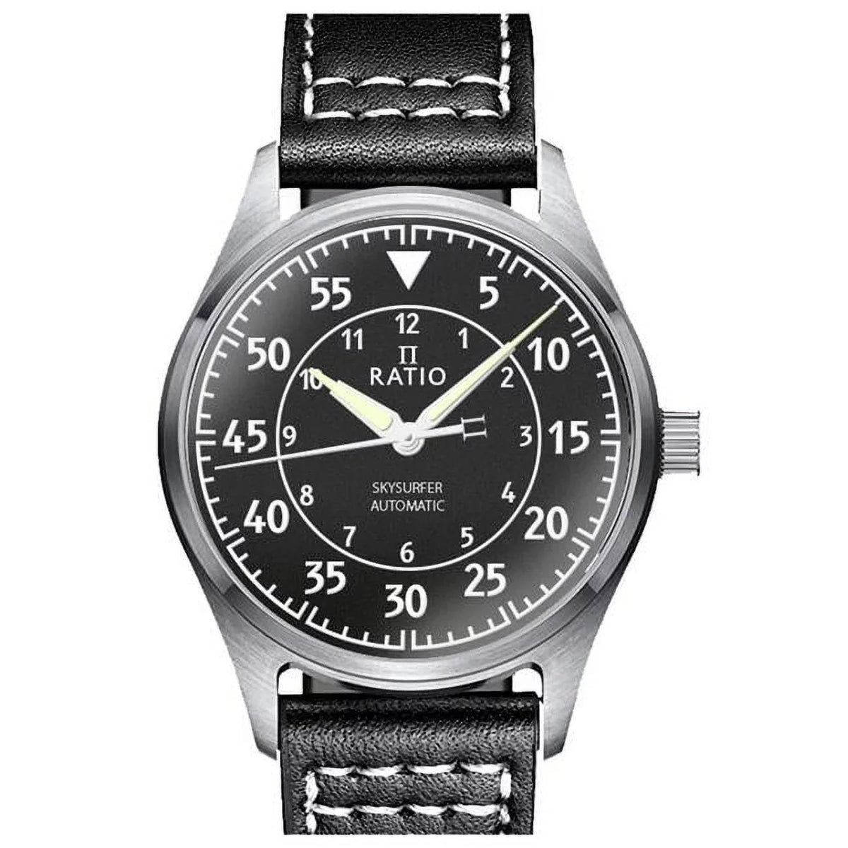 Sizekysurfer Pilot Black Textured Dial Leather Automatic 200M Mens Watch, Blue