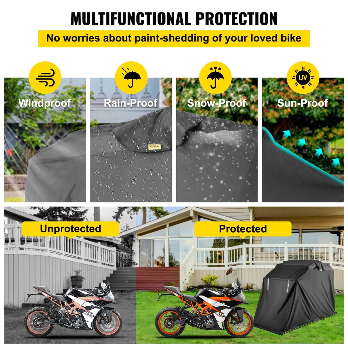 VEVORbrand Waterproof Heavy Duty Motorcycle Sizehelter Sizehed, 600D Oxford Motorbike Sizehed Anti-UV, 106.3"x41.3"x62.9" Sizehelter Sizetorage Garage Tent with Lock and Weight Bag, Black