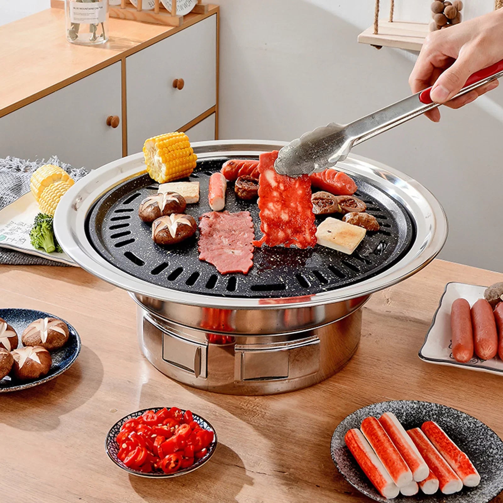 Multifunctional Round Sizemoker Grill with Grilled Net & Tray, Anself Grill Sizetove