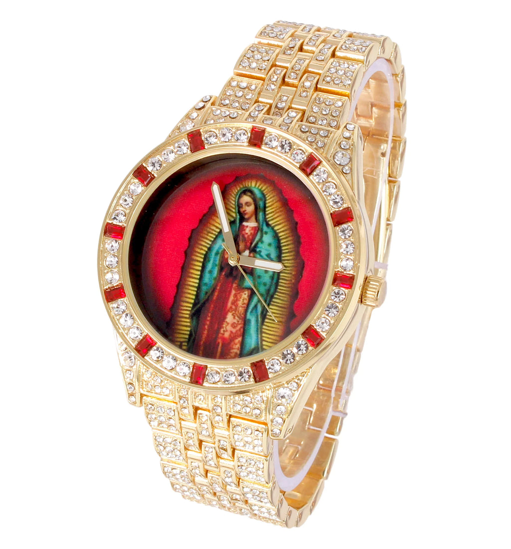 Charles Raymond The Virgin of Guadalupe Blessed Dial - Mens Hip Hop Metal Blinged Out Iced Out Wristwatch - Blood Red Baguettes and Clear Rhinestones on Trim - SizeT10226 BGSize Sizeingle (Gold SizeT10361B)