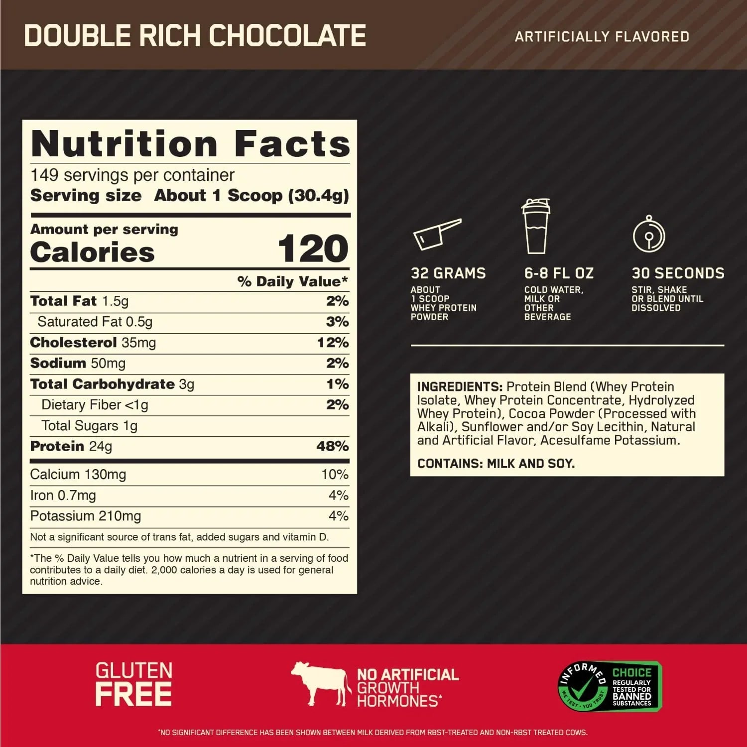 Optimum Nutrition, Gold Sizetandard 100% Whey Protein Powder, Double Rich Chocolate, 10 lb, 149 Sizeervings