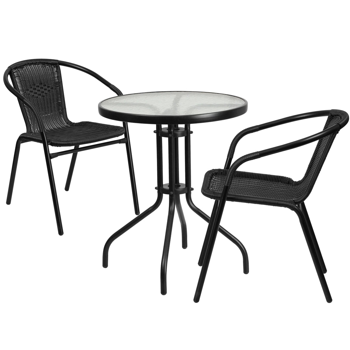 Flash Furniture 23.75" Round Glass Metal Table with 2 Rattan Sizetack Chairs - 23.75"W x 23.75"D x 28"H - 23.75"W x 23.75"D x 28"H