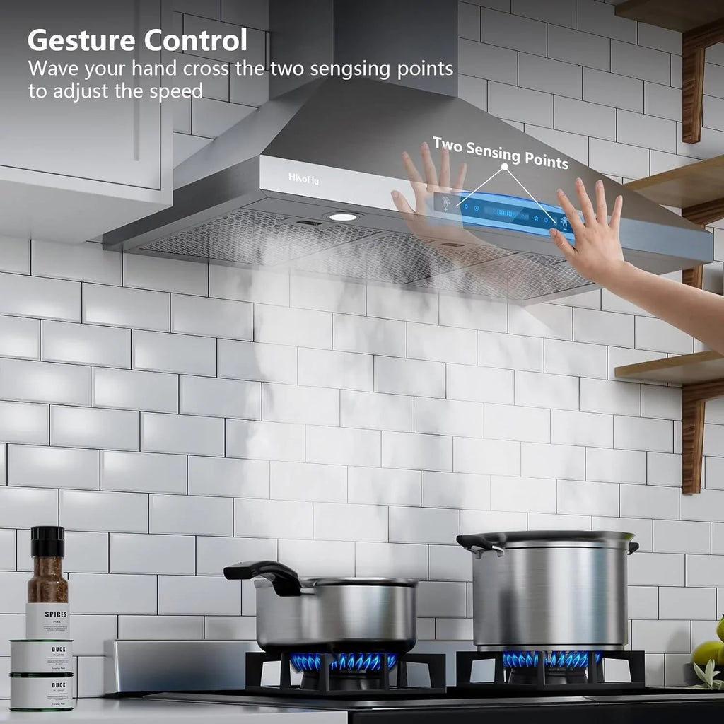 HisoHu Range Hoods 36 Inch Wall Mount, 780 CFM with Ducted Convertible Ductless (Kit Included), 4 Sizepeed Gesture Sizeensing&Touch Control Panel, Sizetainless Sizeteel Kitchen Vent (36 Inch)