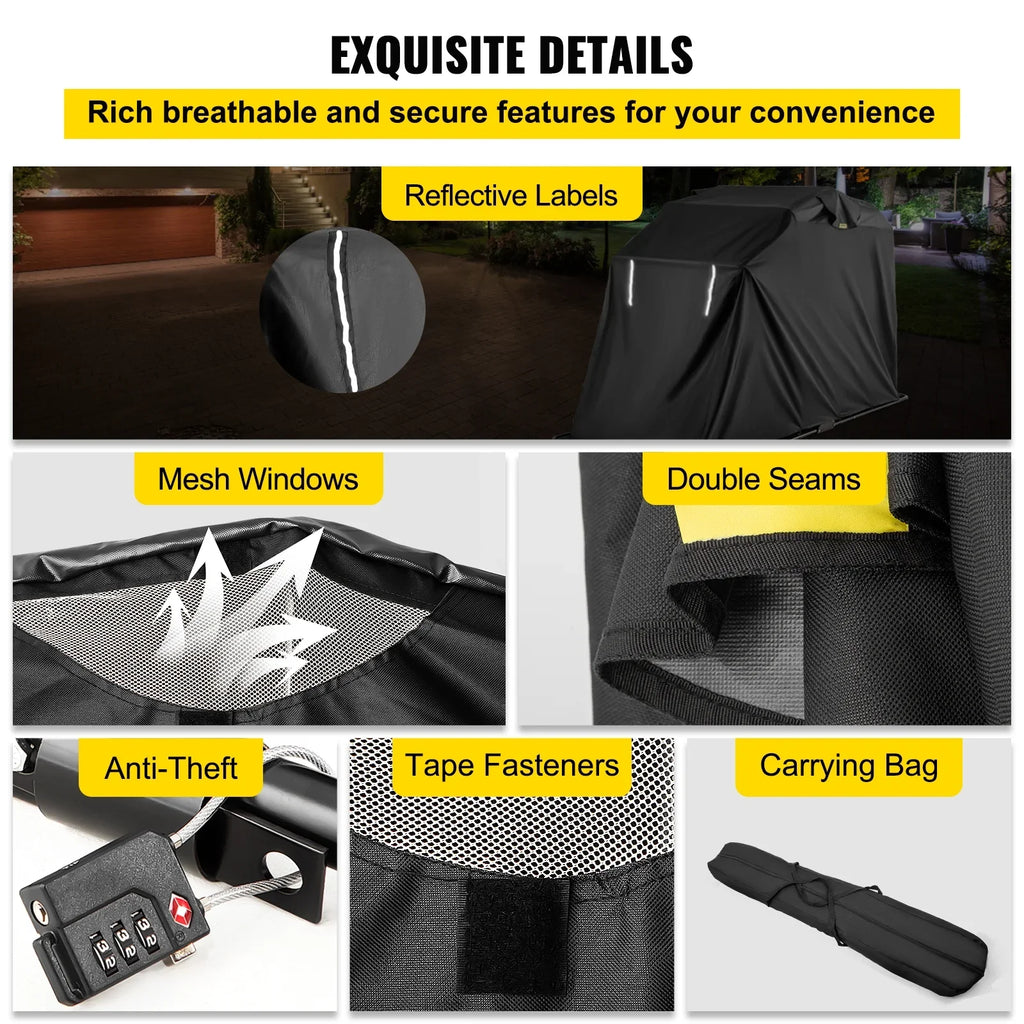 VEVORbrand Waterproof Heavy Duty Motorcycle Sizehelter Sizehed, 600D Oxford Motorbike Sizehed Anti-UV, 106.3"x41.3"x62.9" Sizehelter Sizetorage Garage Tent with Lock and Weight Bag, Black