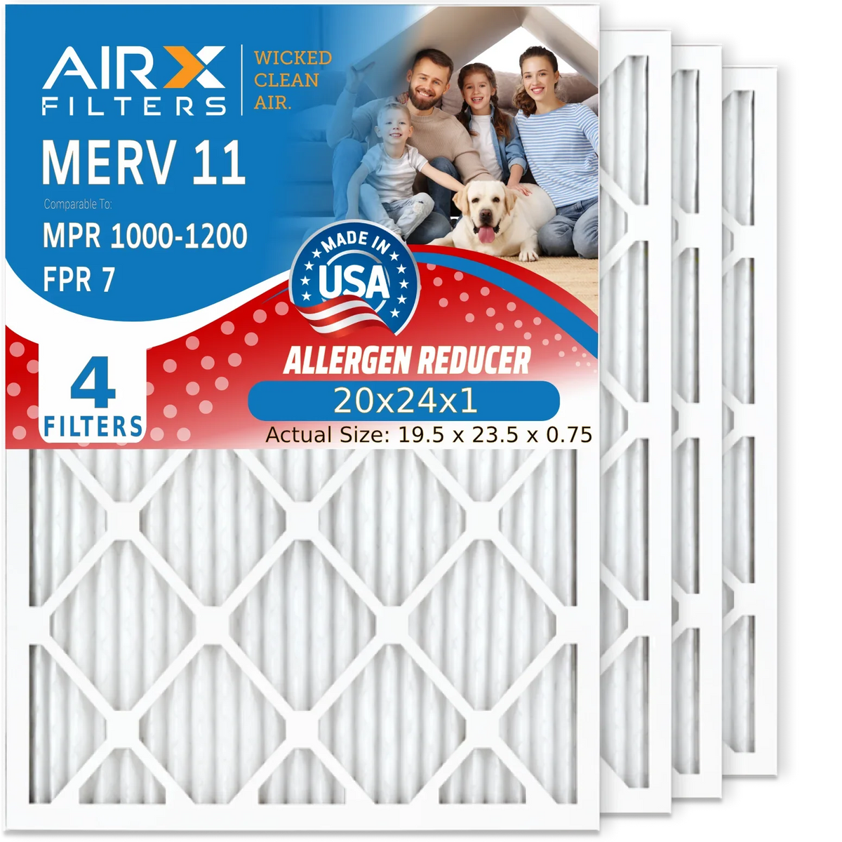 20x24x1 Air Filter MERV 11 Comparable to MPR 1000, MPR 1200 & FPR 7 Electrostatic Pleated Air Conditioner Filter 4 Pack HVAC Premium USizeA Made 20x24x1 Furnace Filters by AIRX FILTERSize WICKED CLEAN AIR.