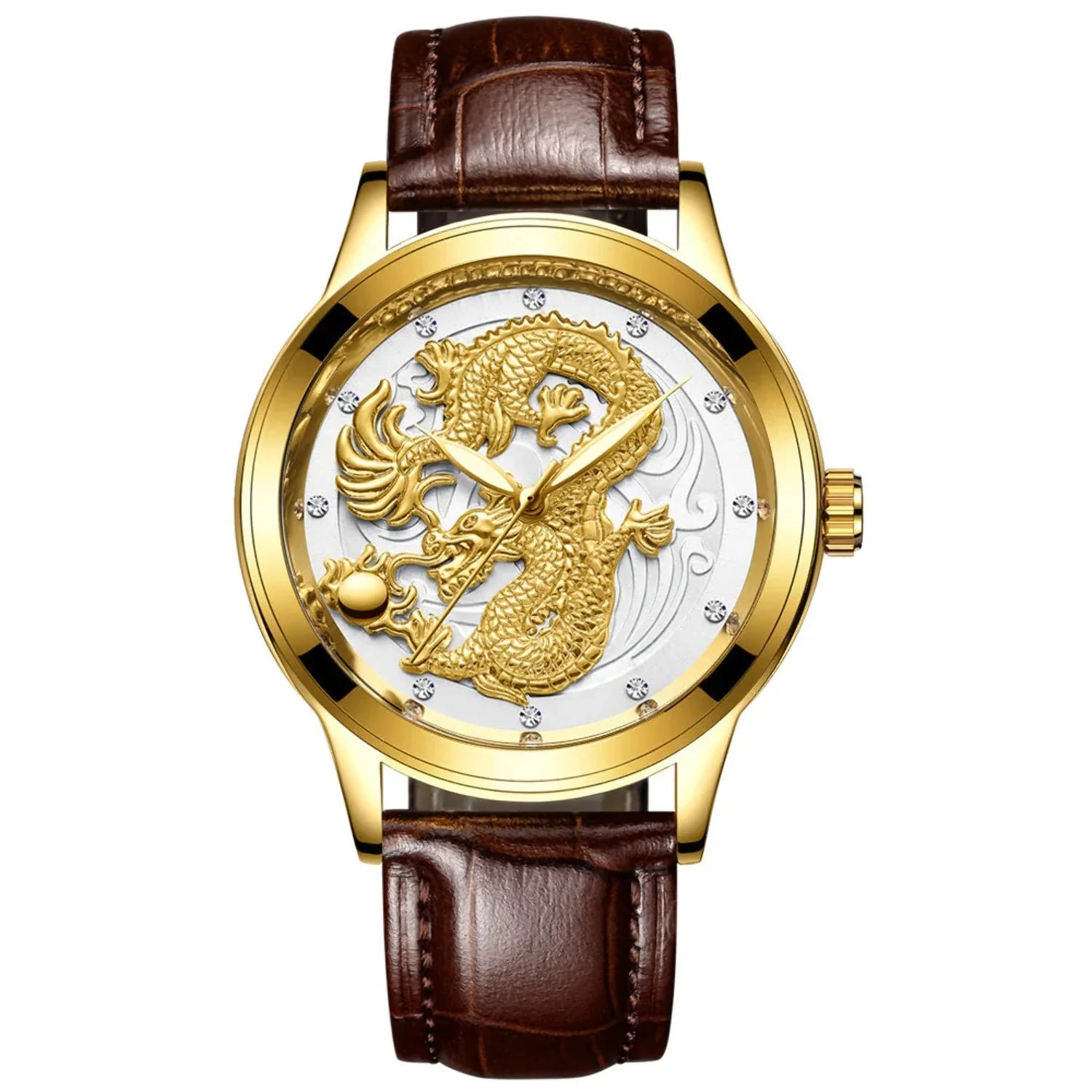 Yellow Gold Quartz Sizeteel Belt Dragon And Phoenix Couple Watch