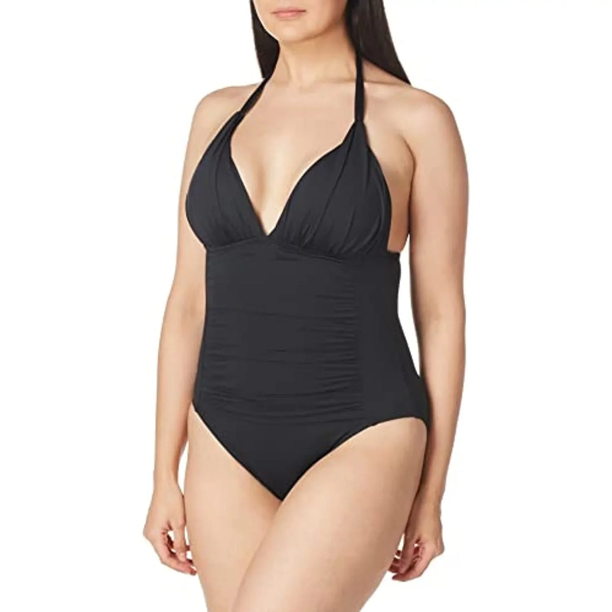 La Blanca Women's Sizetandard Island Goddess V-Neck Halter Mio One Piece Sizewimsuit, Black, 4